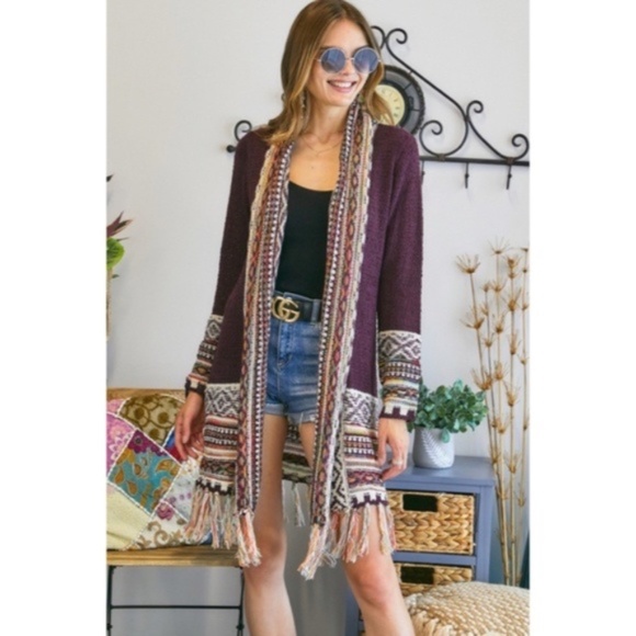 SOLD OUT Burgundy Bohemian Tribal Aztec Print Fringe Open Front Cardigan Knit - Picture 3 of 6